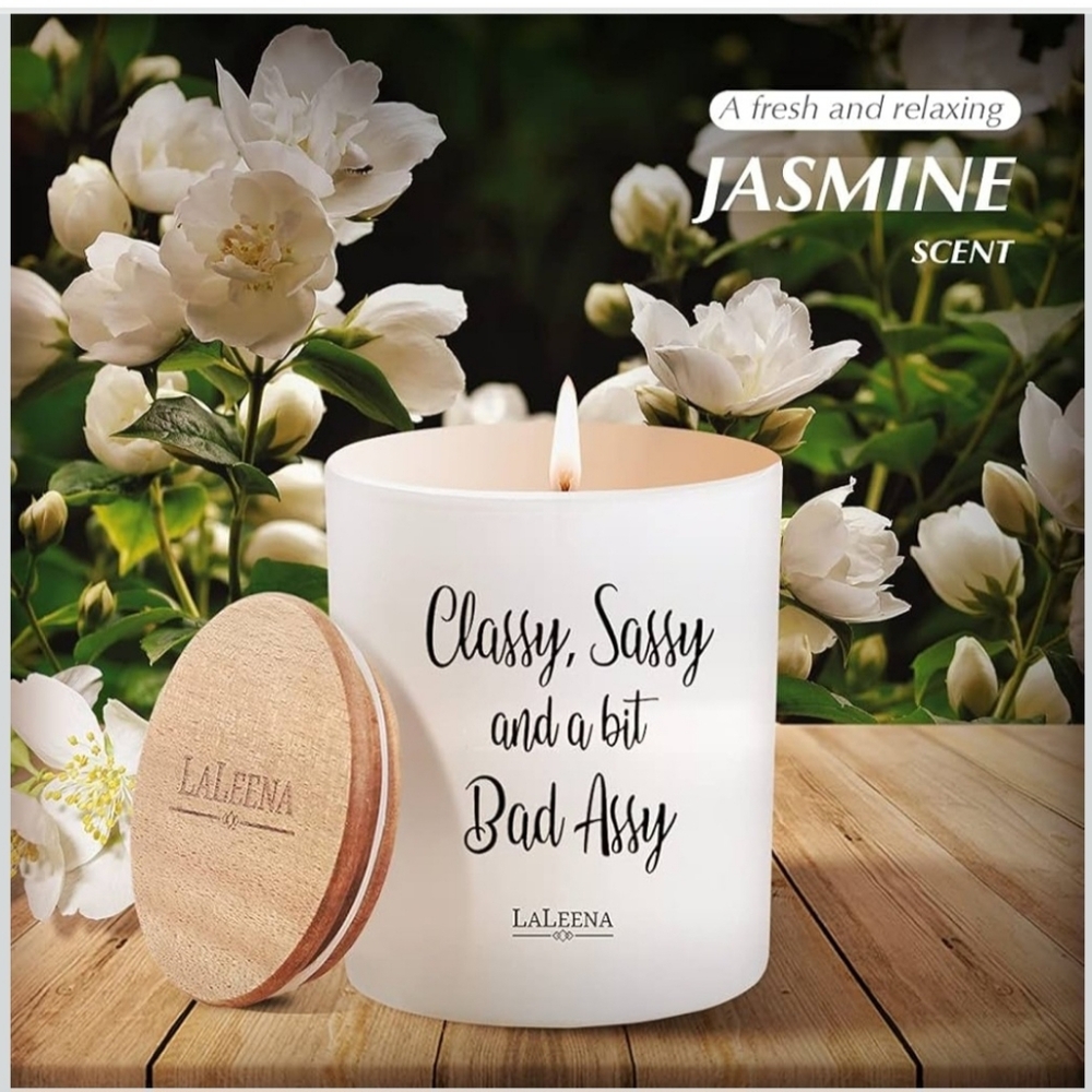 LaLeena Candle Jasmine scent Classy Sassy with Wooden Lid NIB-14oz